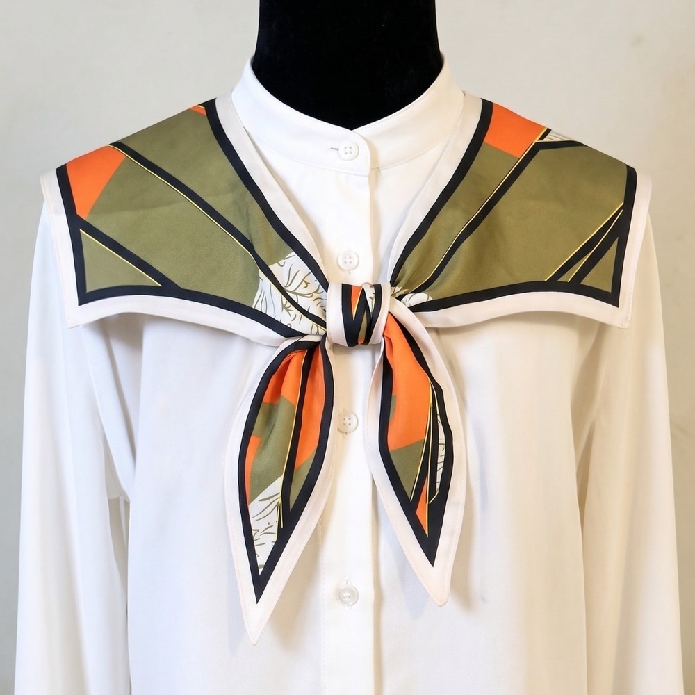 New Olive MCM Green Orange Geometric Print Tie Front Sailor Collar Retro 70's - Picture 1 of 3